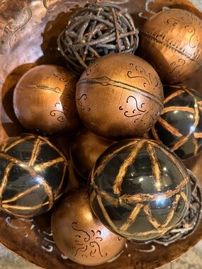 Hammered Copper Decorative Bowl Filler Balls, Black Bamboo & Wrapped Vines Orbs